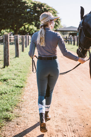 Breeches have floral detail around the ankle which is hidden while wearing riding boots
