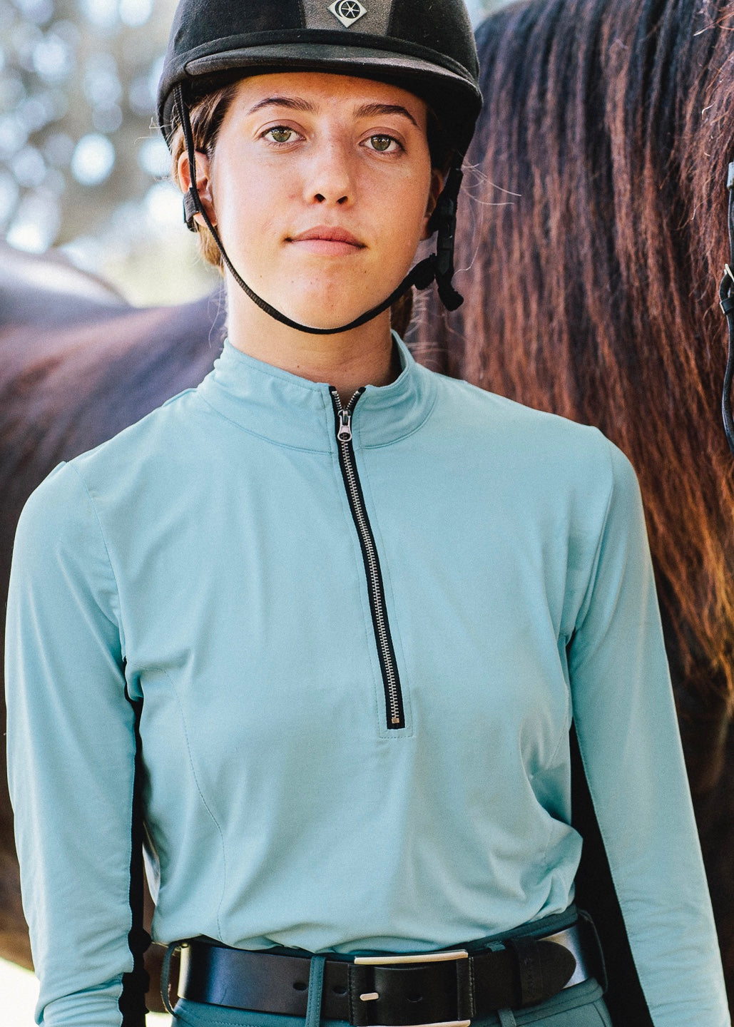 Equestrian sun shirt in teal with 3/4 length zipper